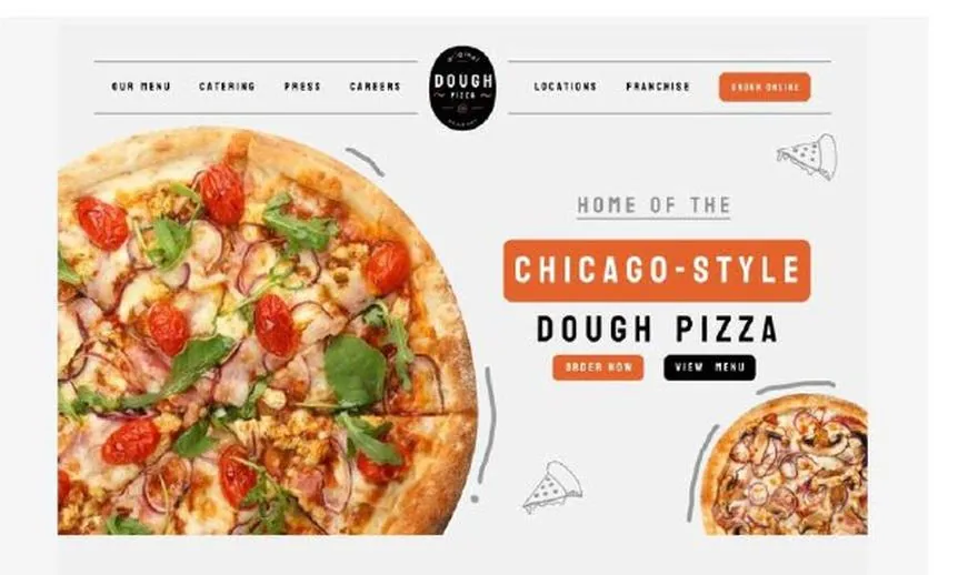 Первый экран сайта пиццерии Dough Pizza: крупное фото пиццы, меню сверху и две кнопки заказа