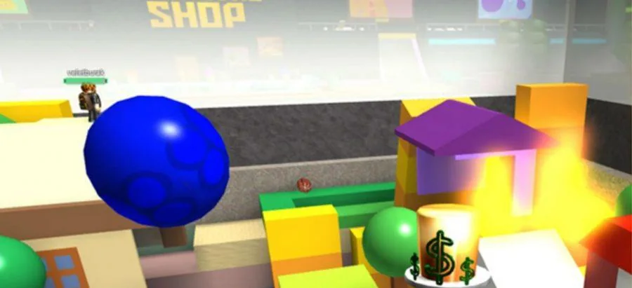 Кадр игры в Roblox: торговая площадь с вывеской SHOP, синий шар, домики и золотые знаки доллара