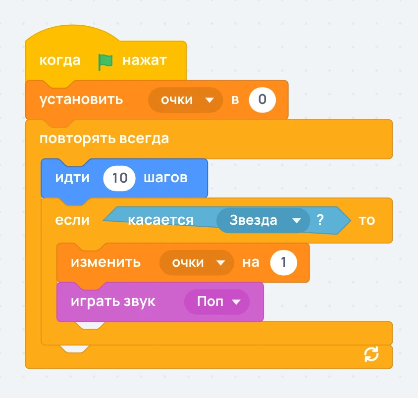 Скрипт на Scratch: когда нажат зелёный флажок, очки обнуляются, спрайт идёт по десять шагов и, если касается звезды, получает очко и играет звук