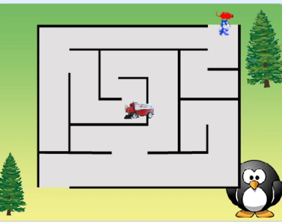 Игра-лабиринт на Scratch: комбайн внутри лабиринта, по краям ёлки и пингвин
