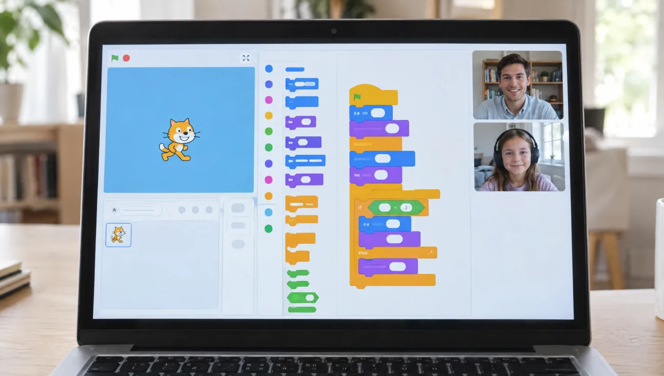 Экран ноутбука: редактор Scratch с котом на сцене и стеком блоков, справа два окошка видеосвязи — преподаватель и ученица в наушниках