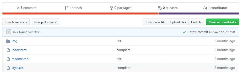Страница репозитория на GitHub: три коммита, одна ветка и файлы проекта — img, index.html, readme.md и style.css